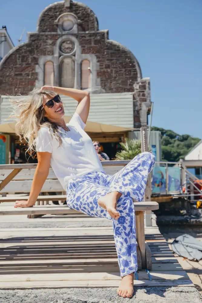 Womens Floral Towelling Wide Leg Jogging Bottoms | Marine - Womens Jogging Bottoms