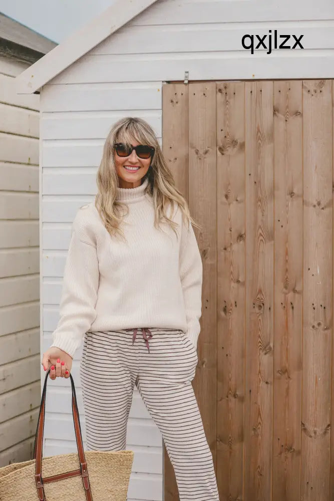 Womens Striped Towelling Wide Leg Jogging Bottoms | Chocolate & Cream - Womens Jogging Bottoms