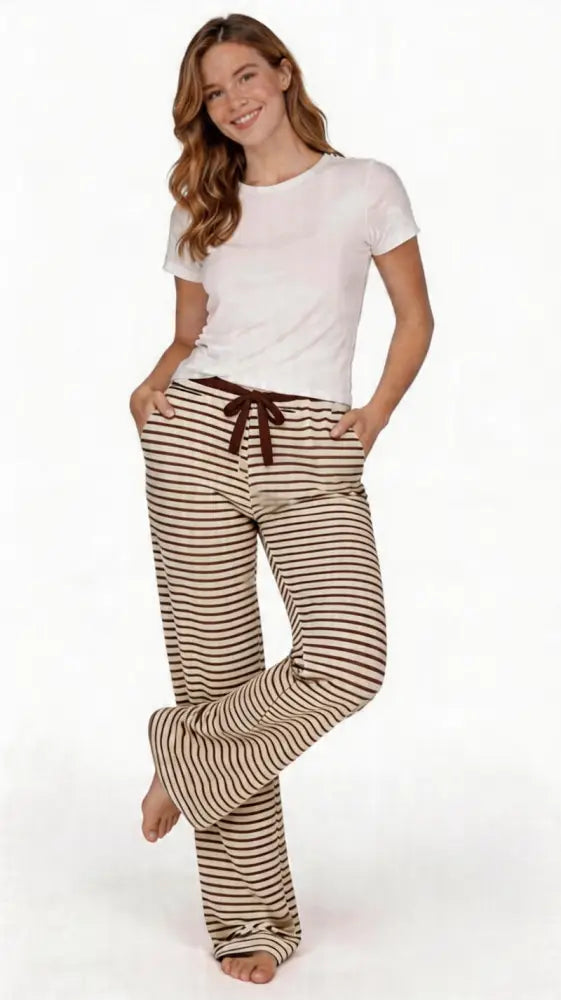 Womens Striped Towelling Wide Leg Jogging Bottoms | Chocolate & Cream - Womens Jogging Bottoms