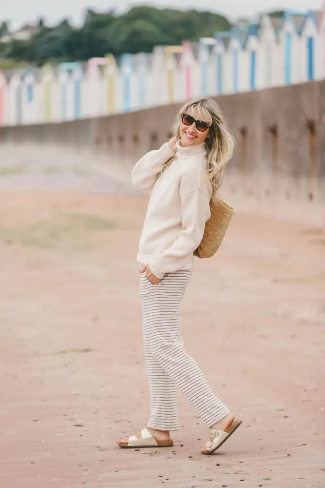 Womens Striped Towelling Wide Leg Jogging Bottoms | Chocolate & Cream - Womens Jogging Bottoms