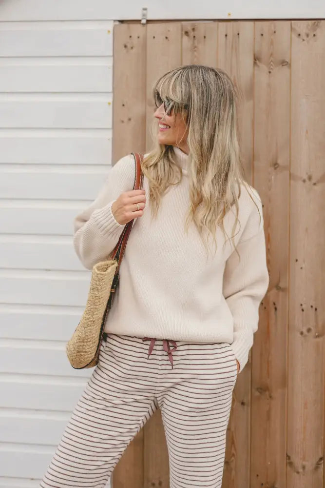 Womens Striped Towelling Wide Leg Jogging Bottoms | Chocolate & Cream - Womens Jogging Bottoms