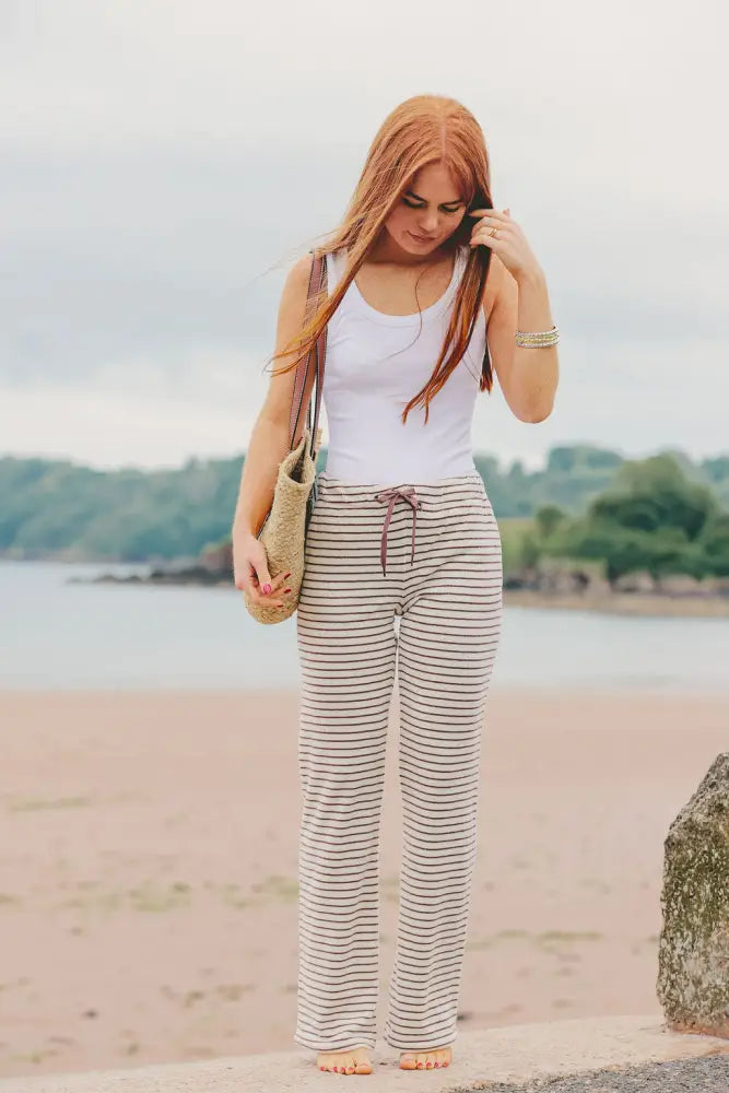 Womens Striped Towelling Wide Leg Jogging Bottoms | Chocolate & Cream - Womens Jogging Bottoms