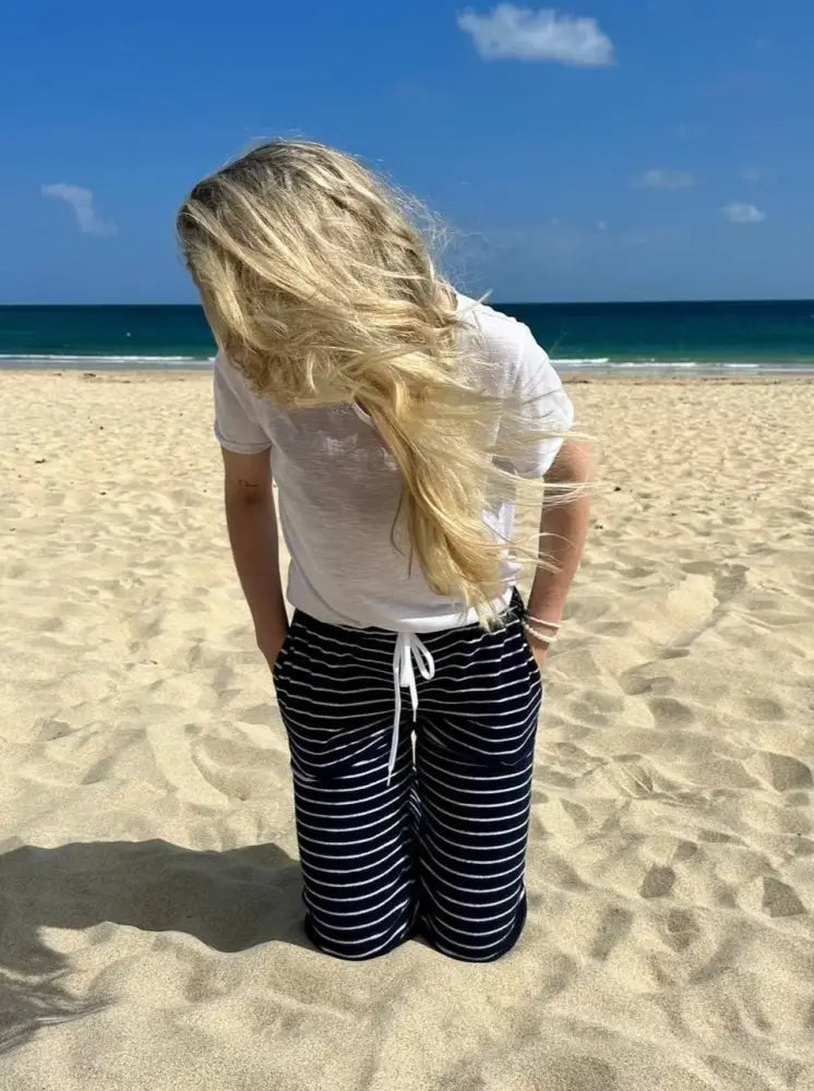 Womens Striped Towelling Wide Leg Jogging Bottoms | Navy & White - Womens Jogging Bottoms