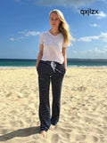 Womens Striped Towelling Wide Leg Jogging Bottoms | Navy & White - Womens Jogging Bottoms