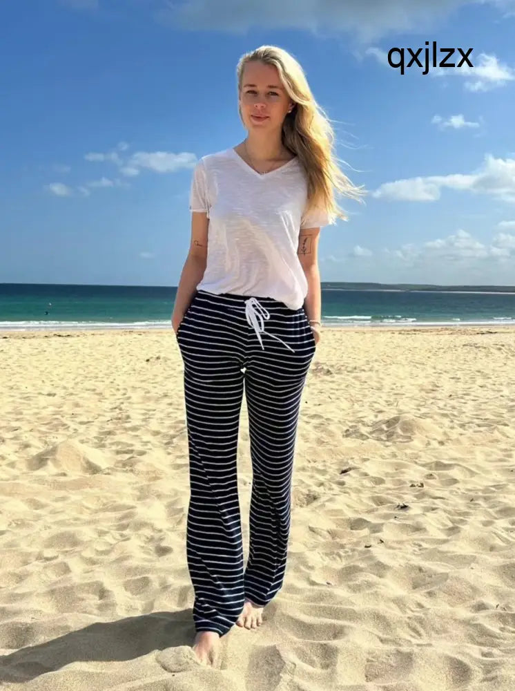 Womens Striped Towelling Wide Leg Jogging Bottoms | Navy & White - Womens Jogging Bottoms
