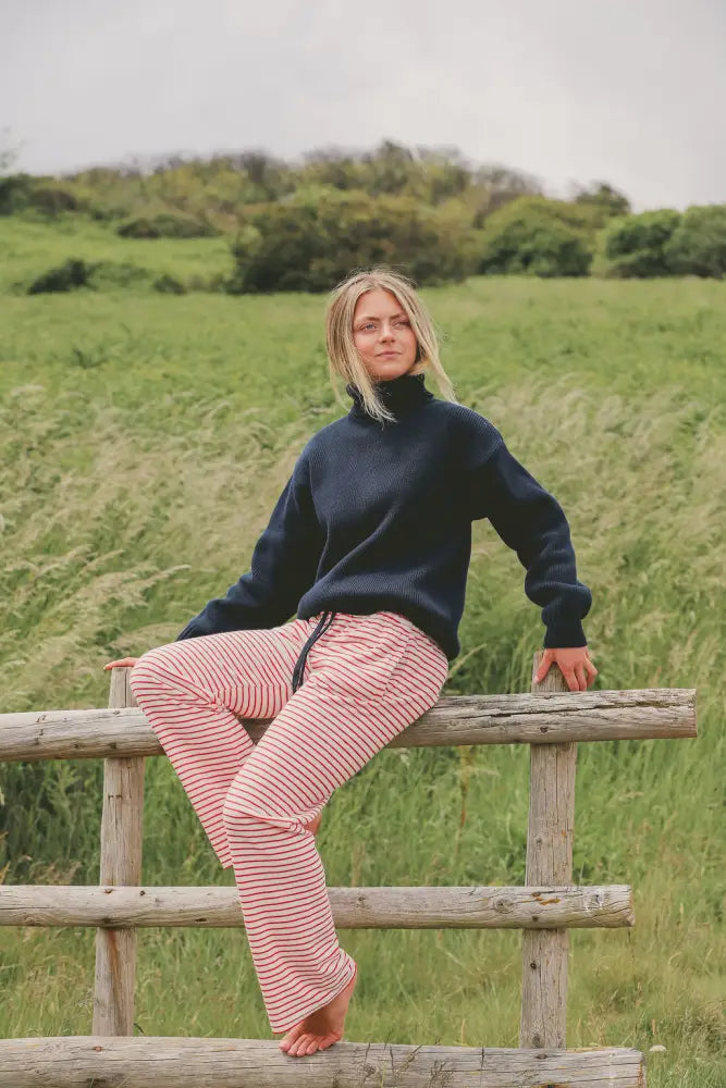 Womens Striped Towelling Wide Leg Jogging Bottoms | Strawberries & Cream - Womens Jogging Bottoms