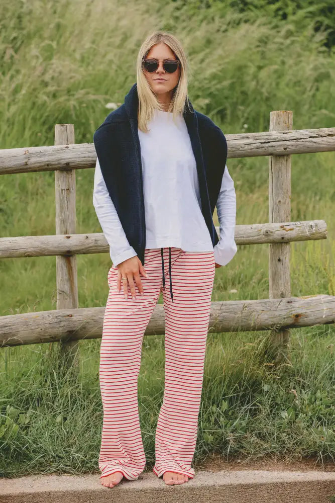 Womens Striped Towelling Wide Leg Jogging Bottoms | Strawberries & Cream - Womens Jogging Bottoms