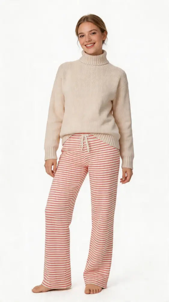 Womens Striped Towelling Wide Leg Jogging Bottoms | Strawberries & Cream - Womens Jogging Bottoms