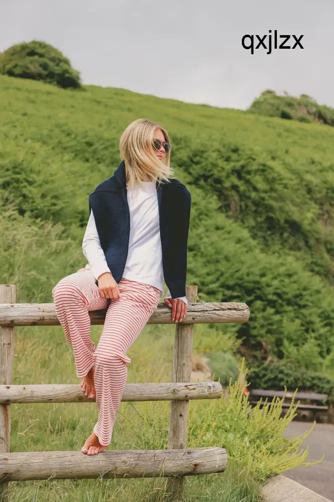 Womens Striped Towelling Wide Leg Jogging Bottoms | Strawberries & Cream - Womens Jogging Bottoms