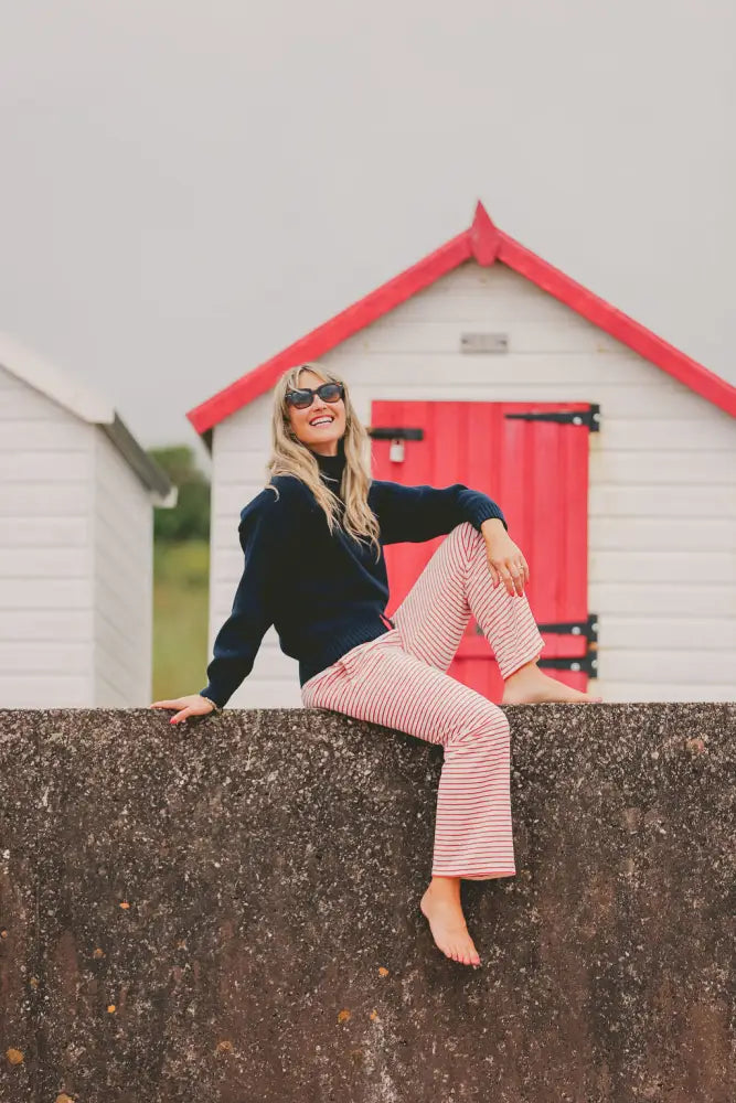 Womens Striped Towelling Wide Leg Jogging Bottoms | Strawberries & Cream - Womens Jogging Bottoms