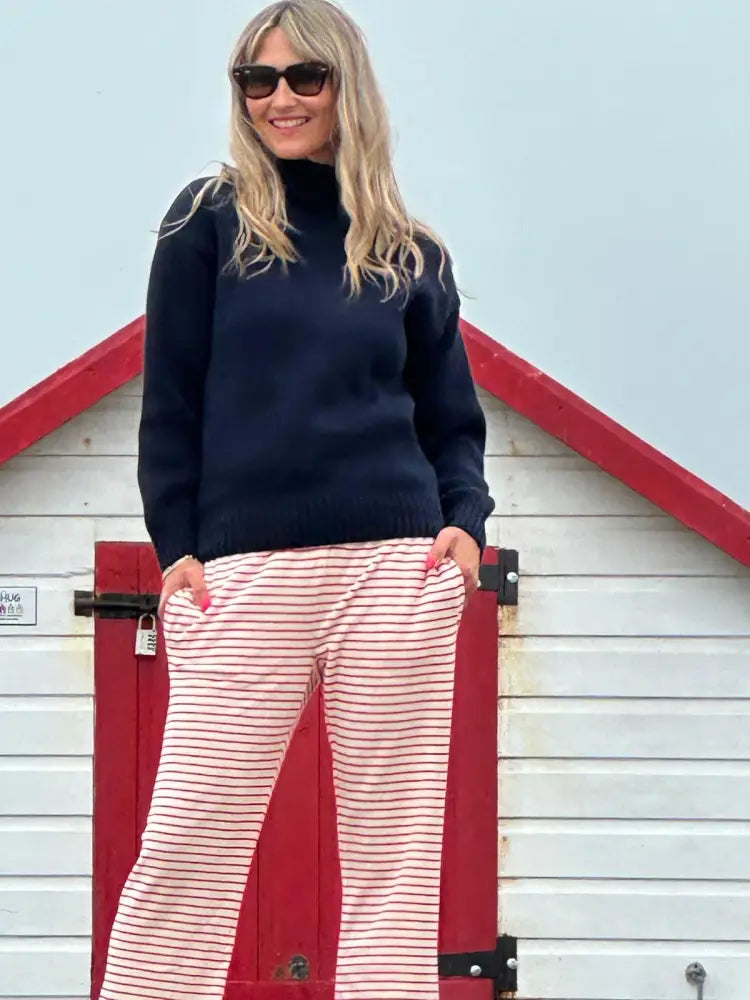 Womens Striped Towelling Wide Leg Jogging Bottoms | Strawberries & Cream - Womens Jogging Bottoms