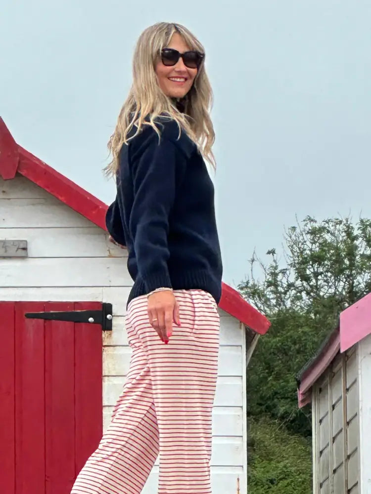 Womens Striped Towelling Wide Leg Jogging Bottoms | Strawberries & Cream - Womens Jogging Bottoms