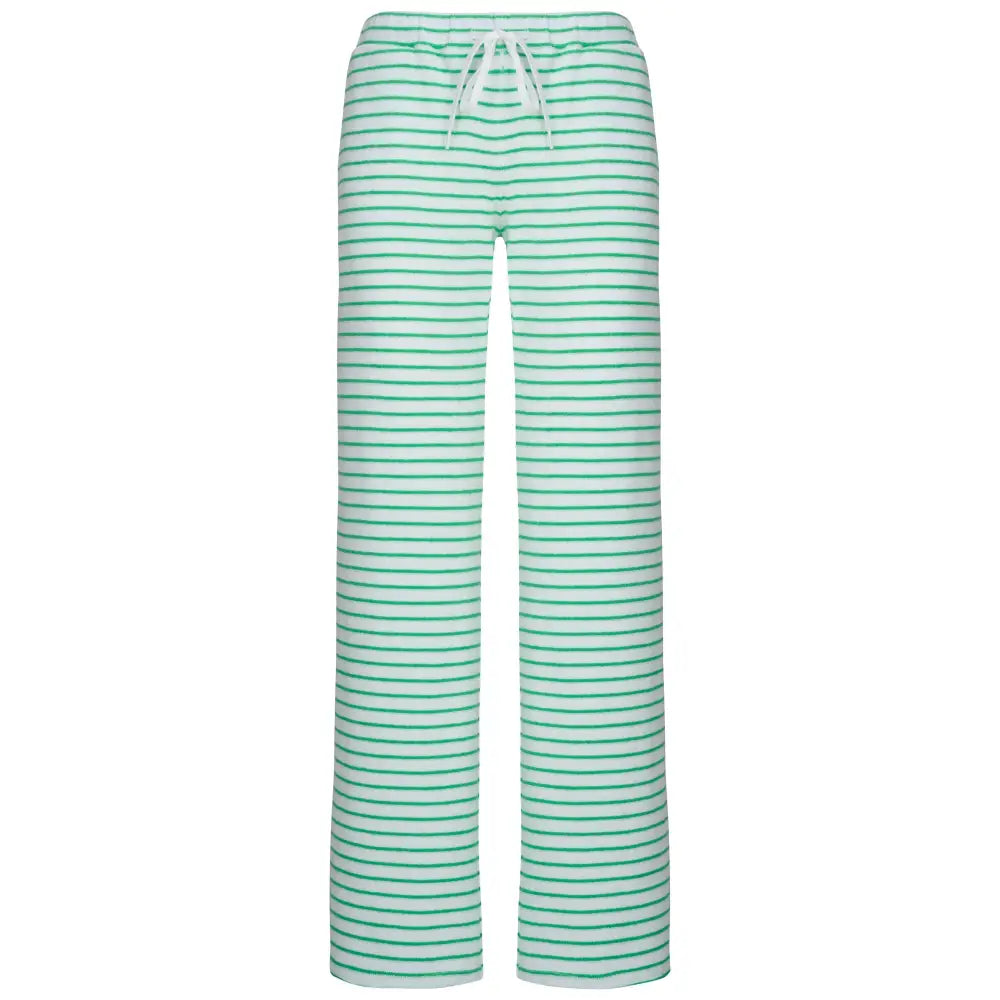 Womens Striped Towelling Wide Leg Jogging Bottoms | White & Apple - Womens Jogging Bottoms