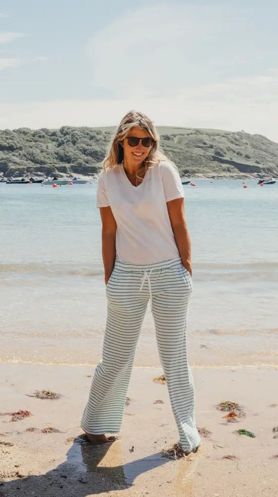 Womens Striped Towelling Wide Leg Jogging Bottoms | White & Apple - Womens Jogging Bottoms