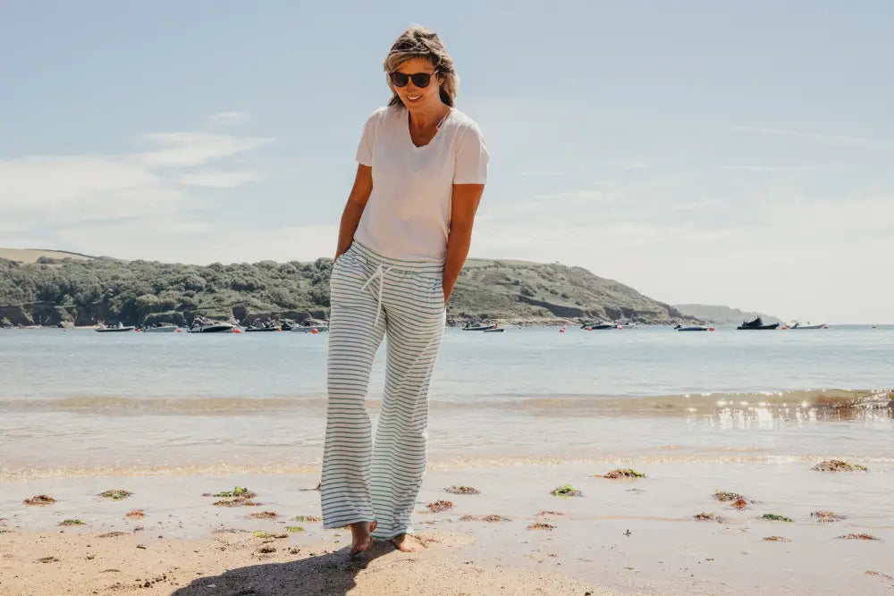 Womens Striped Towelling Wide Leg Jogging Bottoms | White & Apple - Womens Jogging Bottoms
