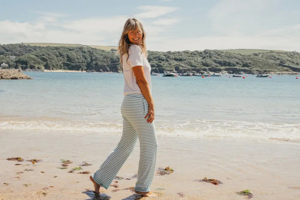 Womens Striped Towelling Wide Leg Jogging Bottoms | White & Apple - Womens Jogging Bottoms