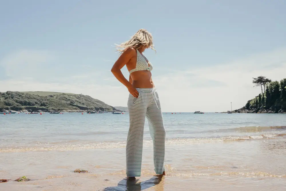 Womens Striped Towelling Wide Leg Jogging Bottoms | White & Apple - Womens Jogging Bottoms