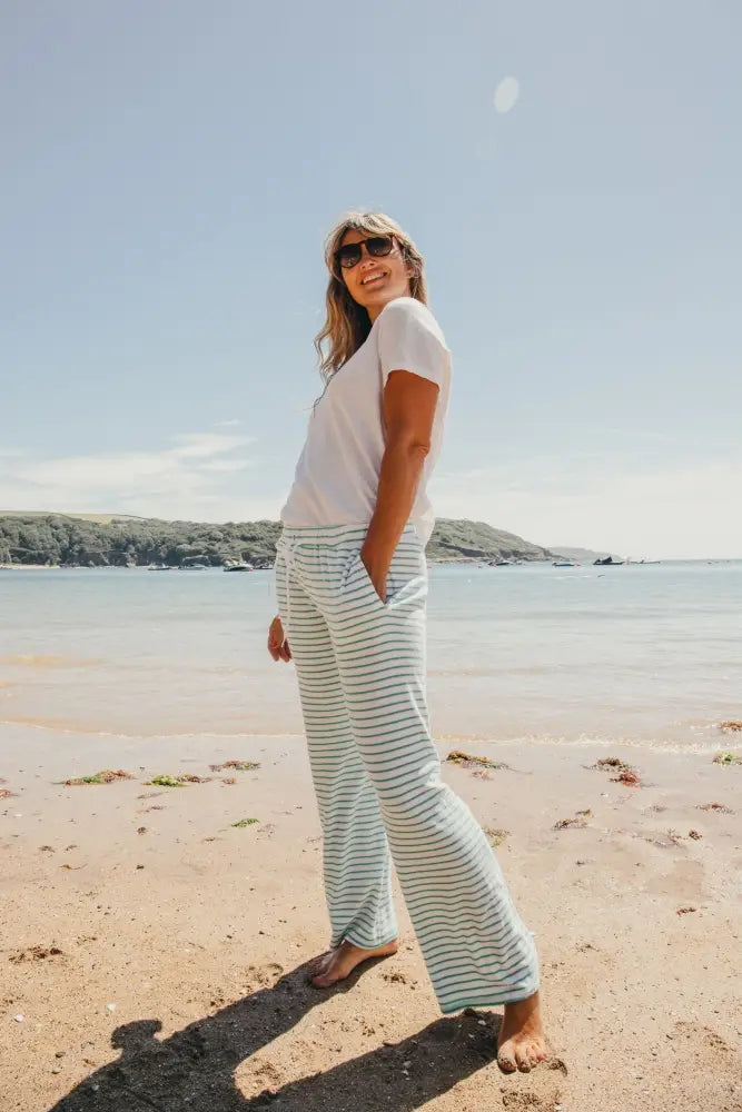 Womens Striped Towelling Wide Leg Jogging Bottoms | White & Apple - Womens Jogging Bottoms