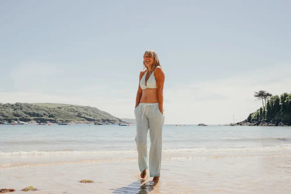 Womens Striped Towelling Wide Leg Jogging Bottoms | White & Apple - Womens Jogging Bottoms