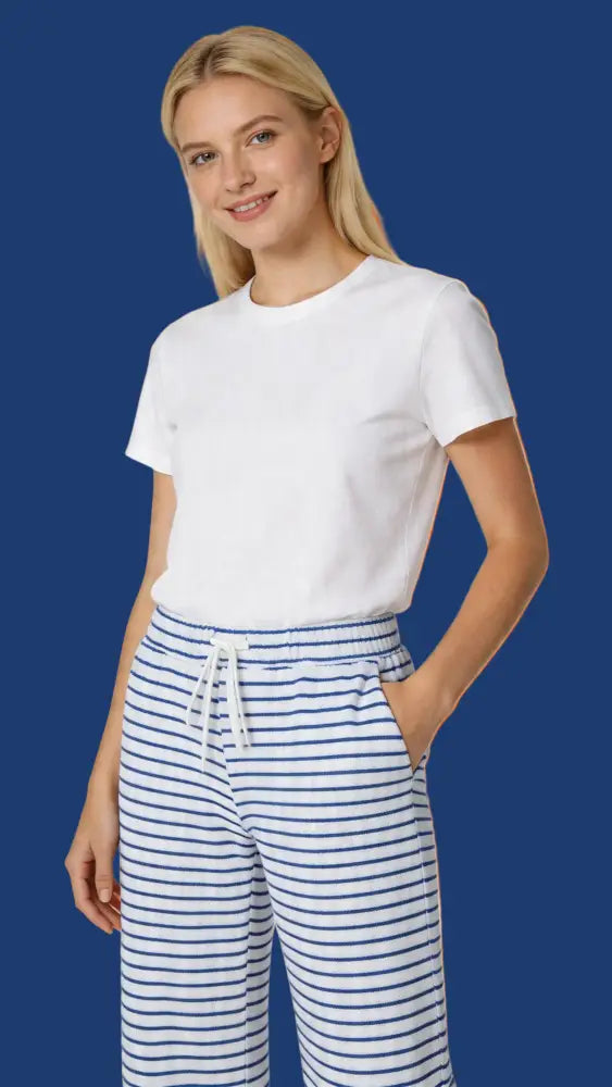 Womens Striped Towelling Wide Leg Jogging Bottoms | White & Marine - Womens Jogging Bottoms