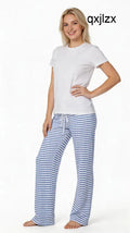 Womens Striped Towelling Wide Leg Jogging Bottoms | White & Marine - Womens Jogging Bottoms