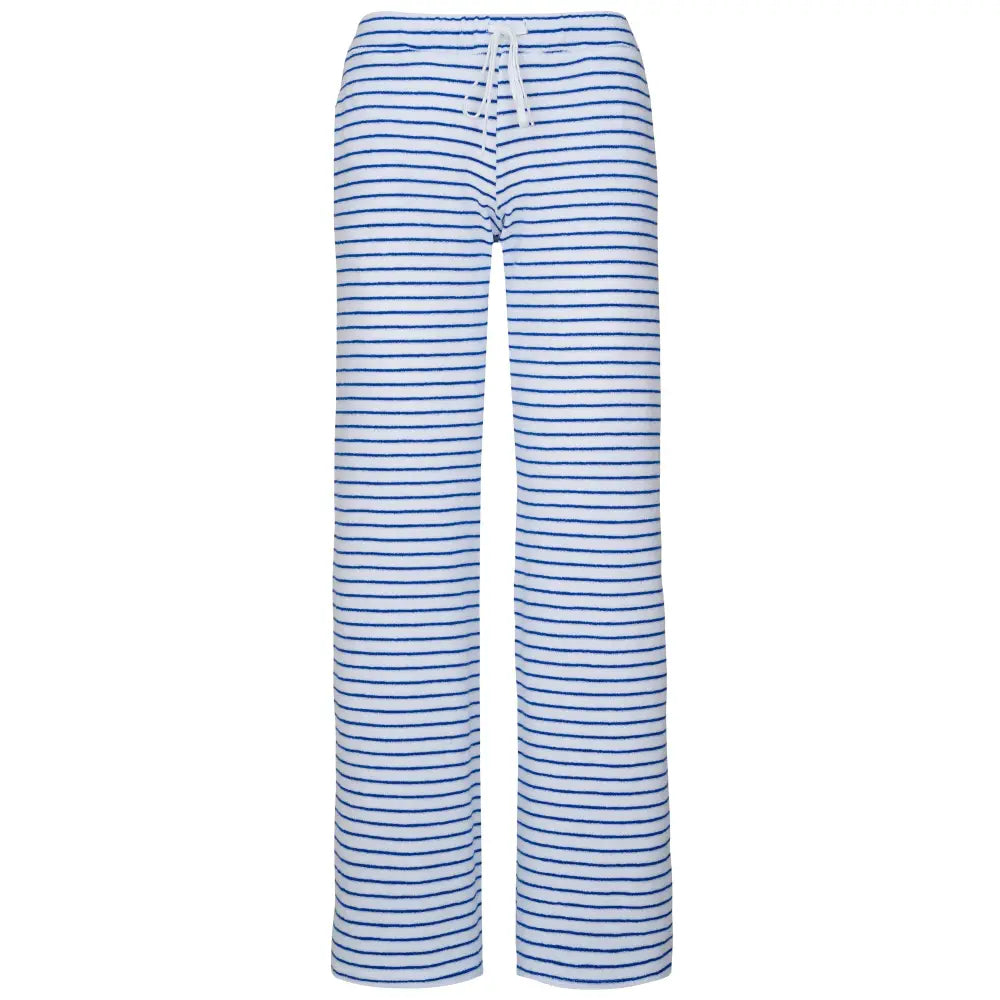 Womens Striped Towelling Wide Leg Jogging Bottoms | White & Marine - Womens Jogging Bottoms